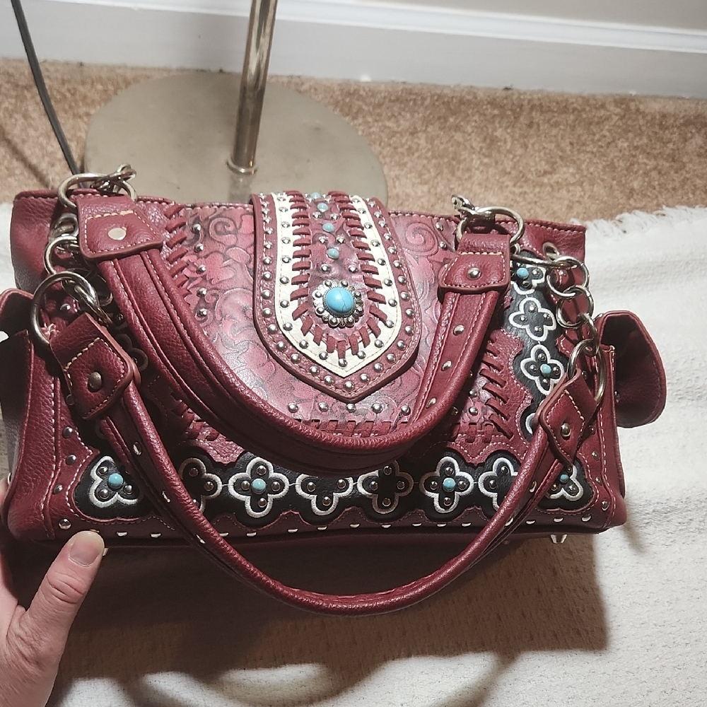 Embroidered Red Handbag with Turquoise Accents